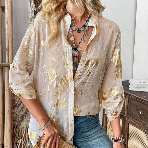 Multicolor Casual Women's Full Printed Long Sleeve Shirt - Picture 6 of 8